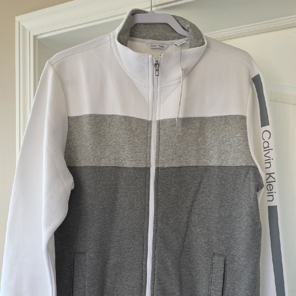 Mens Calvin Klein White & Gray Block Zip Front Jacket